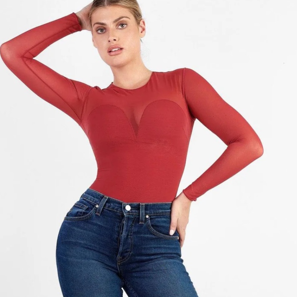 POPILUSH SHAPEWEAR ILLUSION MESH LONG SLEEVE TUMMY CONTROL BODYSUIT RED - 3XL